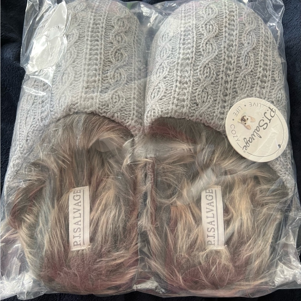 PJ Salvage Heather Grey Furry Slippers, Size S/M
